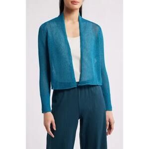 Eileen Fisher Organic Linen Cotton Blend Cardigan Sweater Open Front Teal Size L